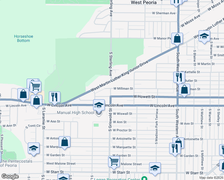 map of restaurants, bars, coffee shops, grocery stores, and more near 2424 West Millman Street in Peoria