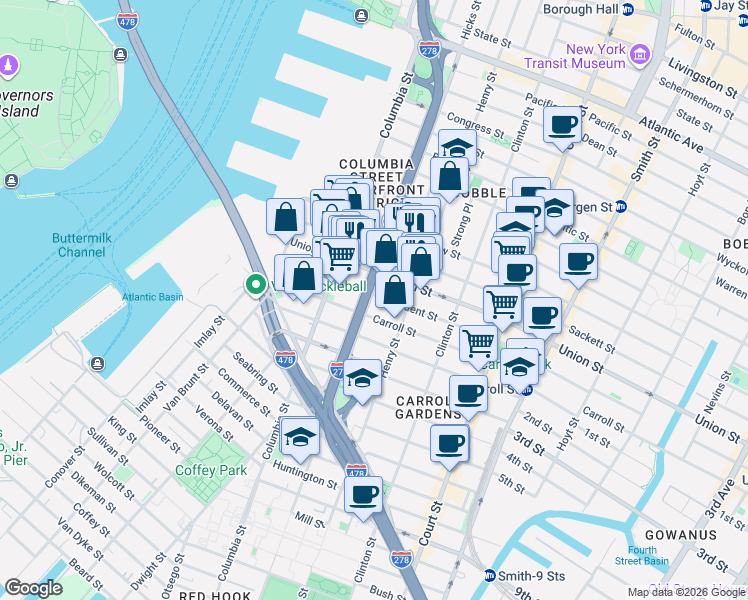 map of restaurants, bars, coffee shops, grocery stores, and more near 152 President Street in Brooklyn