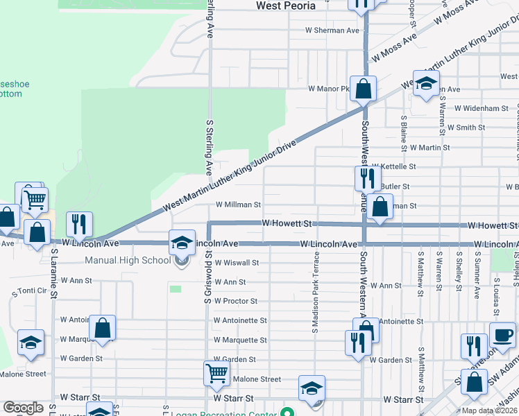 map of restaurants, bars, coffee shops, grocery stores, and more near 2304 West Millman Street in Peoria