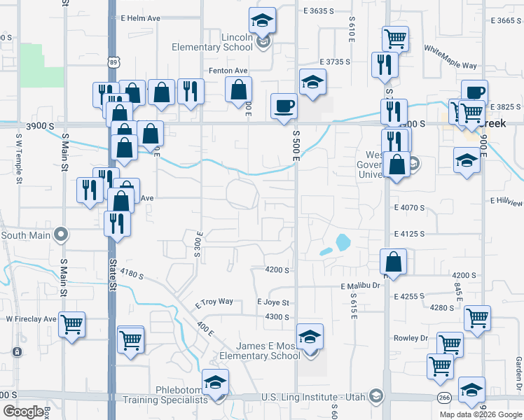map of restaurants, bars, coffee shops, grocery stores, and more near 432 East Park Oak Place in Murray