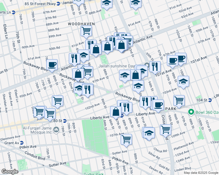 map of restaurants, bars, coffee shops, grocery stores, and more near 97-42 88th Street in Queens