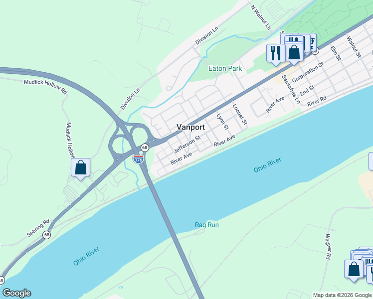 map of restaurants, bars, coffee shops, grocery stores, and more near 129 Vine Street in Beaver