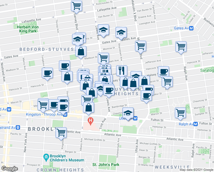 map of restaurants, bars, coffee shops, grocery stores, and more near 361 Lewis Avenue in Brooklyn