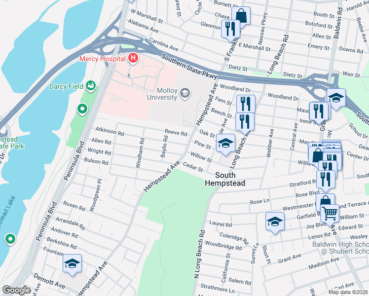 map of restaurants, bars, coffee shops, grocery stores, and more near 116 Atkinson Road in Rockville Centre