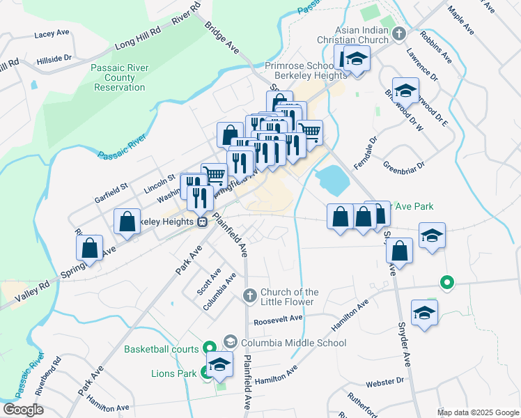 map of restaurants, bars, coffee shops, grocery stores, and more near 114 Sherman Avenue South in Berkeley Heights