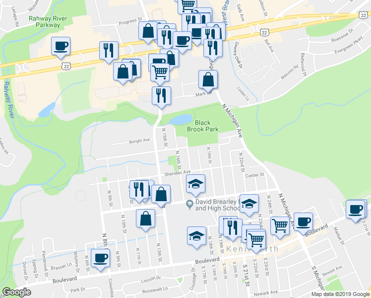 map of restaurants, bars, coffee shops, grocery stores, and more near 338 North 17th Street in Kenilworth