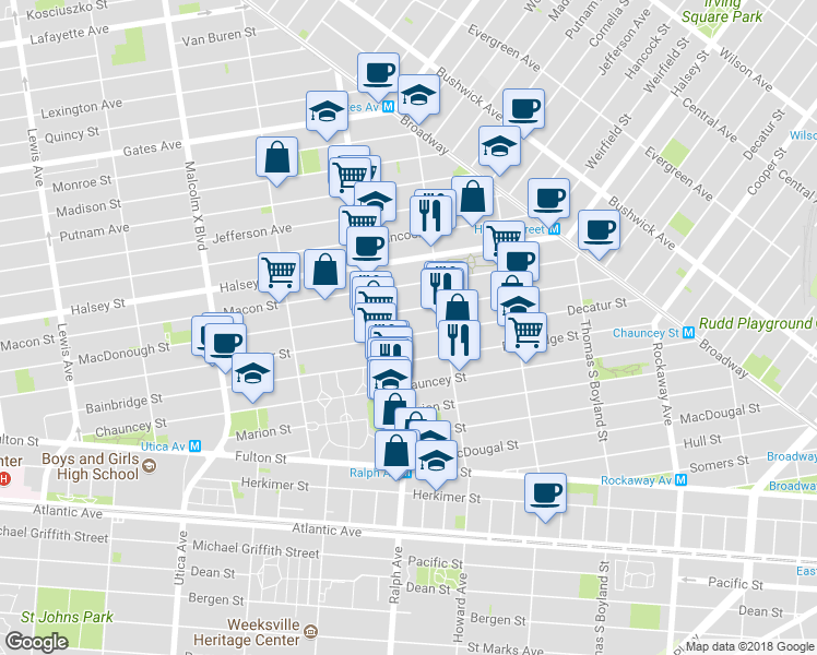 map of restaurants, bars, coffee shops, grocery stores, and more near 543 Decatur Street in Brooklyn