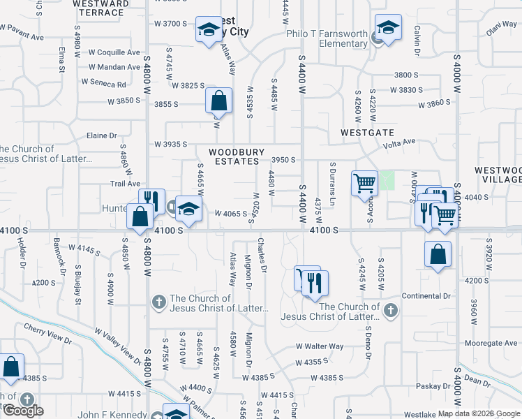 map of restaurants, bars, coffee shops, grocery stores, and more near 4047 South 4520 West in West Valley City
