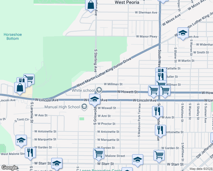map of restaurants, bars, coffee shops, grocery stores, and more near 2330 West Millman Street in Peoria