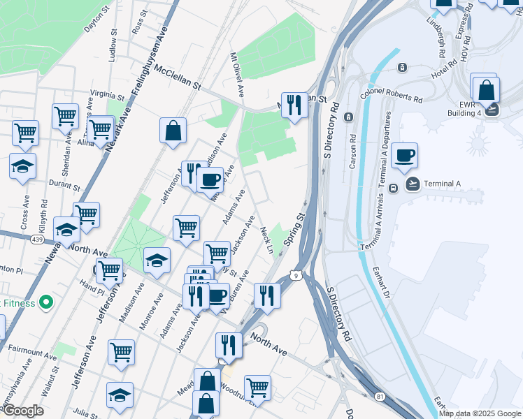map of restaurants, bars, coffee shops, grocery stores, and more near 1045 Neck Lane in Elizabeth