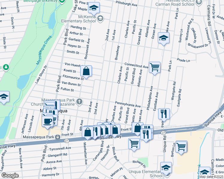 map of restaurants, bars, coffee shops, grocery stores, and more near in Massapequa Park