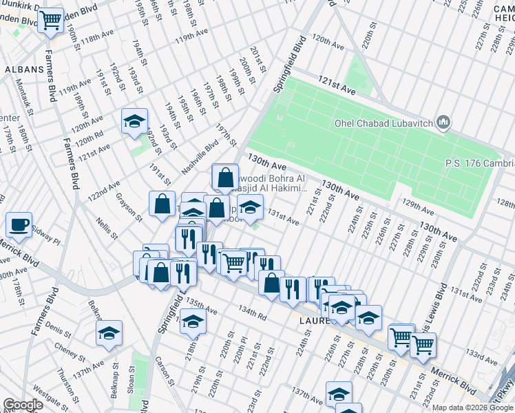 map of restaurants, bars, coffee shops, grocery stores, and more near 218-05 131st Avenue in Queens