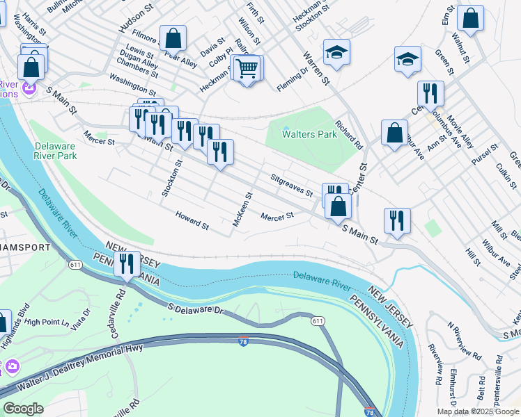 map of restaurants, bars, coffee shops, grocery stores, and more near 323 Mercer Street in Phillipsburg