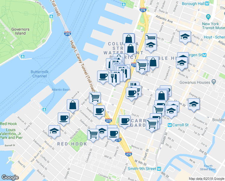 map of restaurants, bars, coffee shops, grocery stores, and more near Columbia St & Carroll St in Brooklyn