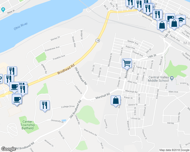 map of restaurants, bars, coffee shops, grocery stores, and more near 408 Allen Avenue in Monaca