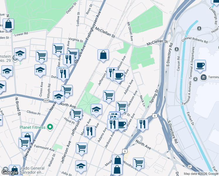 map of restaurants, bars, coffee shops, grocery stores, and more near 945 Madison Avenue in Elizabeth