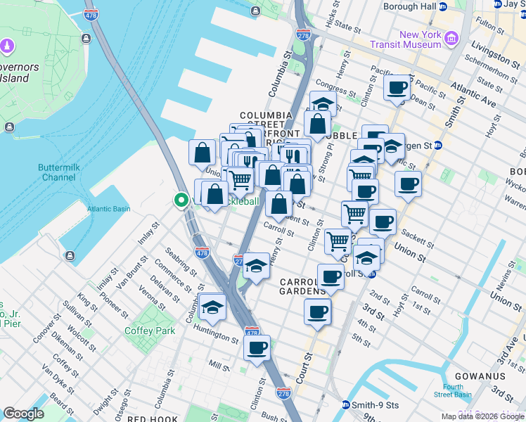 map of restaurants, bars, coffee shops, grocery stores, and more near 152 President Street in Brooklyn
