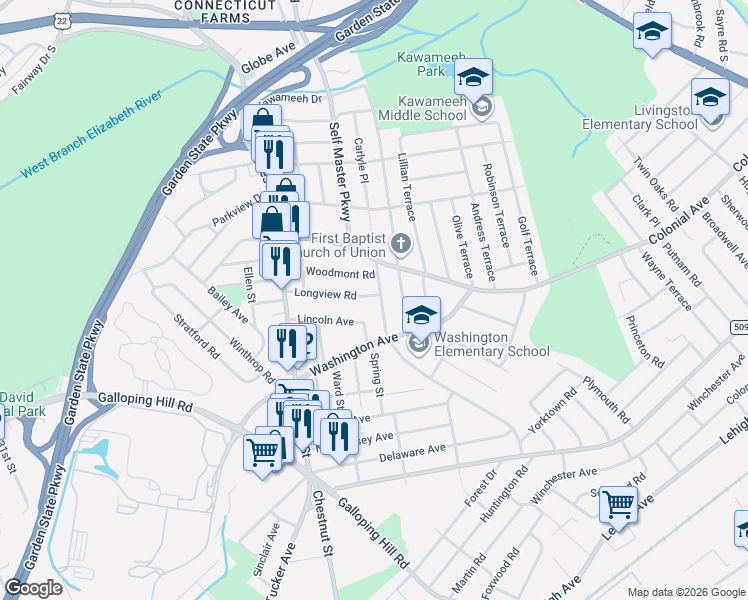 map of restaurants, bars, coffee shops, grocery stores, and more near 486 Whitewood Road in Union