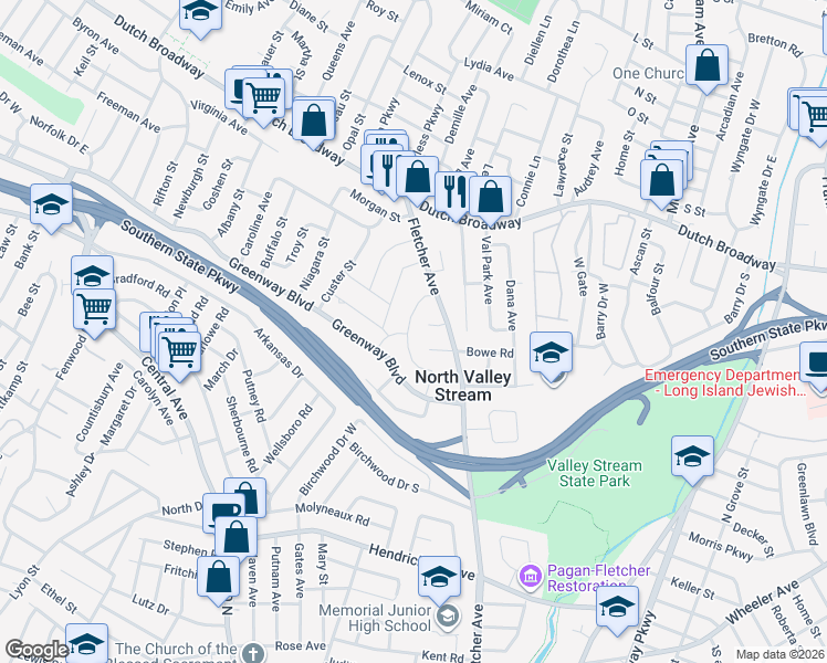 map of restaurants, bars, coffee shops, grocery stores, and more near 953 Lynn Drive in Valley Stream