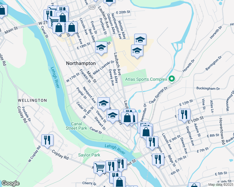 map of restaurants, bars, coffee shops, grocery stores, and more near 1375 Washington Avenue in Northampton