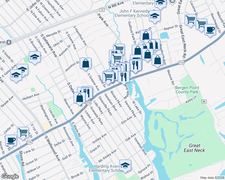 map of restaurants, bars, coffee shops, grocery stores, and more near 297 Montauk Highway in Lindenhurst