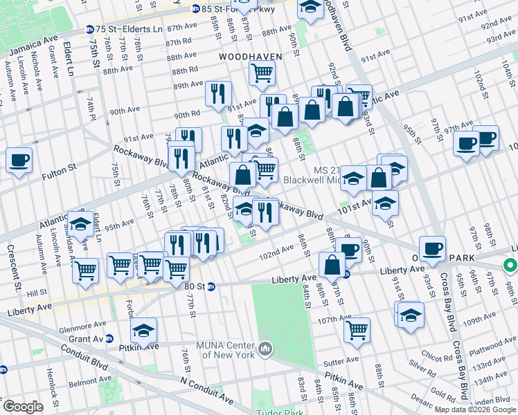 map of restaurants, bars, coffee shops, grocery stores, and more near 97-12 85th Street in Queens