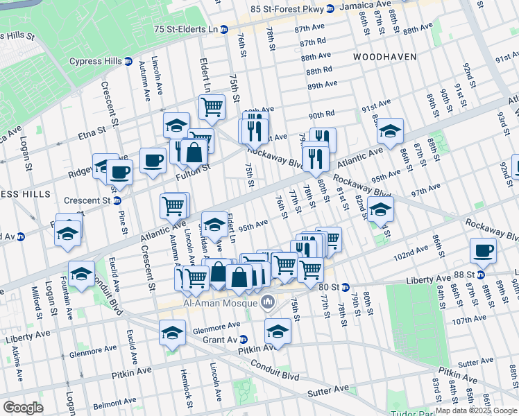 map of restaurants, bars, coffee shops, grocery stores, and more near 94-18 75th Street in Queens