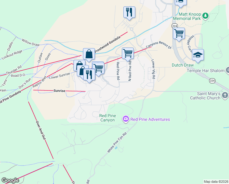 map of restaurants, bars, coffee shops, grocery stores, and more near 3595 Ridgeline Drive in Park City