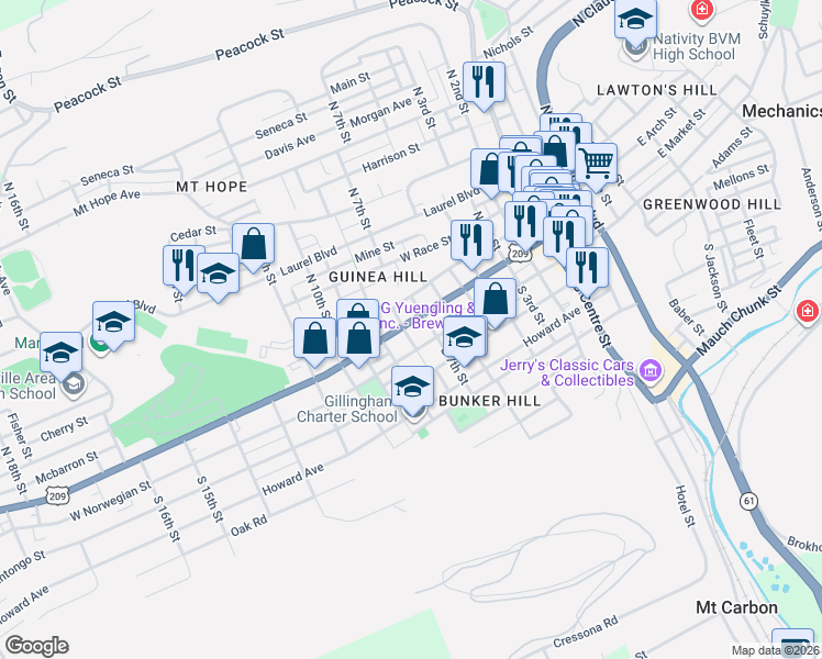 map of restaurants, bars, coffee shops, grocery stores, and more near 803 West Market Street in Pottsville