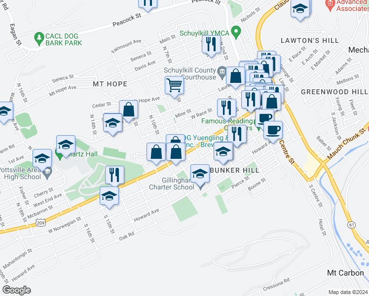 map of restaurants, bars, coffee shops, grocery stores, and more near 904 West Market Street in Pottsville