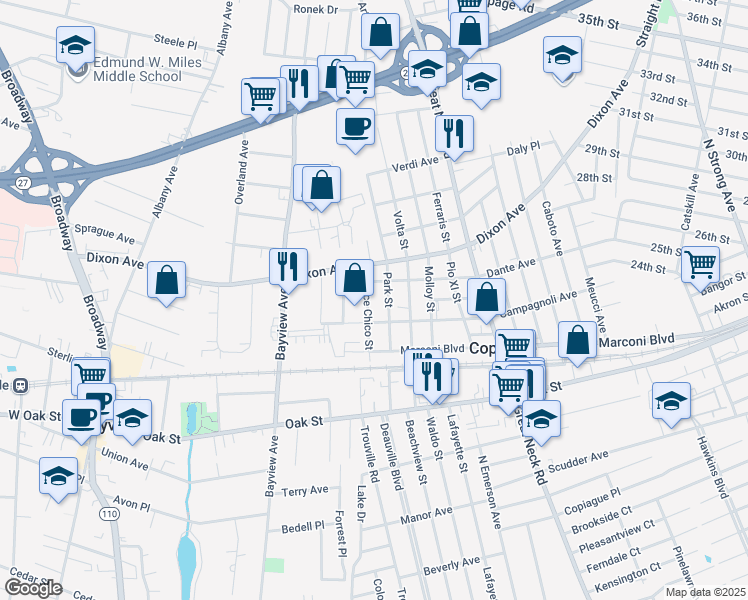 map of restaurants, bars, coffee shops, grocery stores, and more near 170 Prince Chico St in Copiague