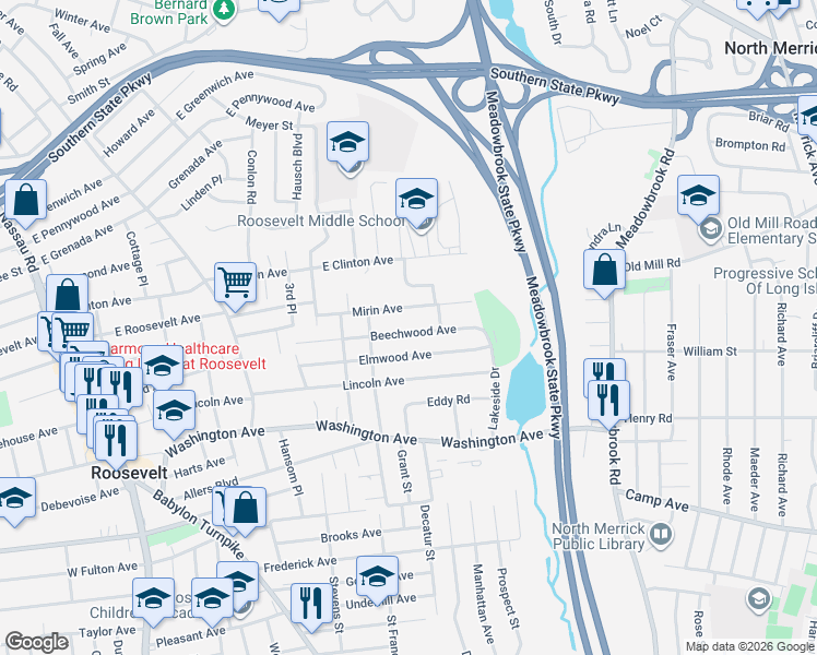 map of restaurants, bars, coffee shops, grocery stores, and more near 193 Beechwood Avenue in Roosevelt