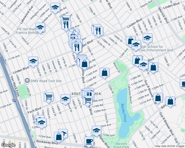 map of restaurants, bars, coffee shops, grocery stores, and more near 150-48 116th Avenue in Queens