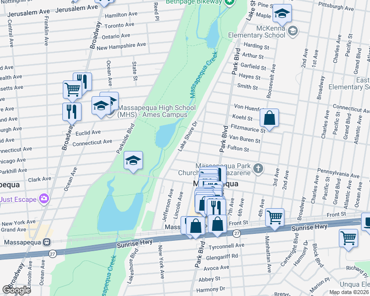 map of restaurants, bars, coffee shops, grocery stores, and more near 21 Monroe Street in Massapequa Park
