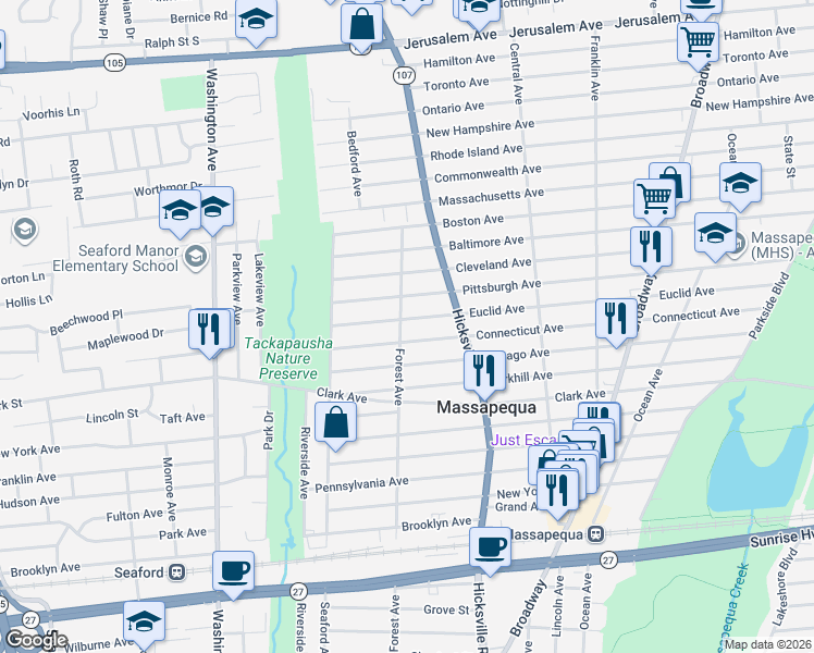 map of restaurants, bars, coffee shops, grocery stores, and more near 590 Forest Avenue in Massapequa