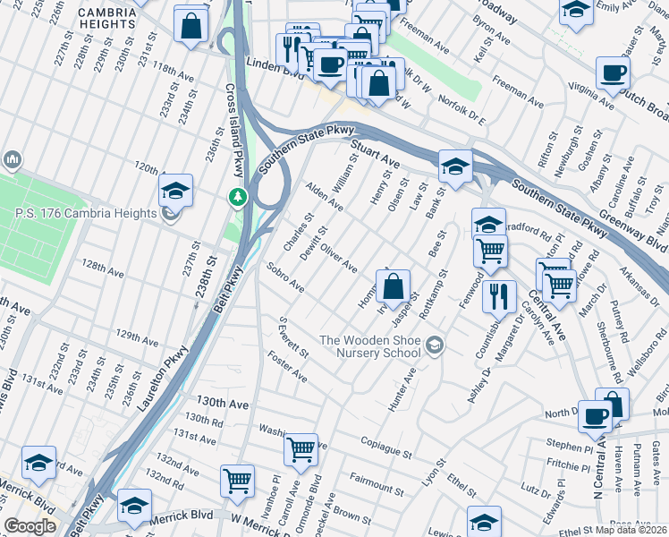 map of restaurants, bars, coffee shops, grocery stores, and more near 25 Frank Street in Valley Stream