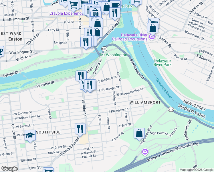 map of restaurants, bars, coffee shops, grocery stores, and more near 152 East Saint Joseph Street in Easton