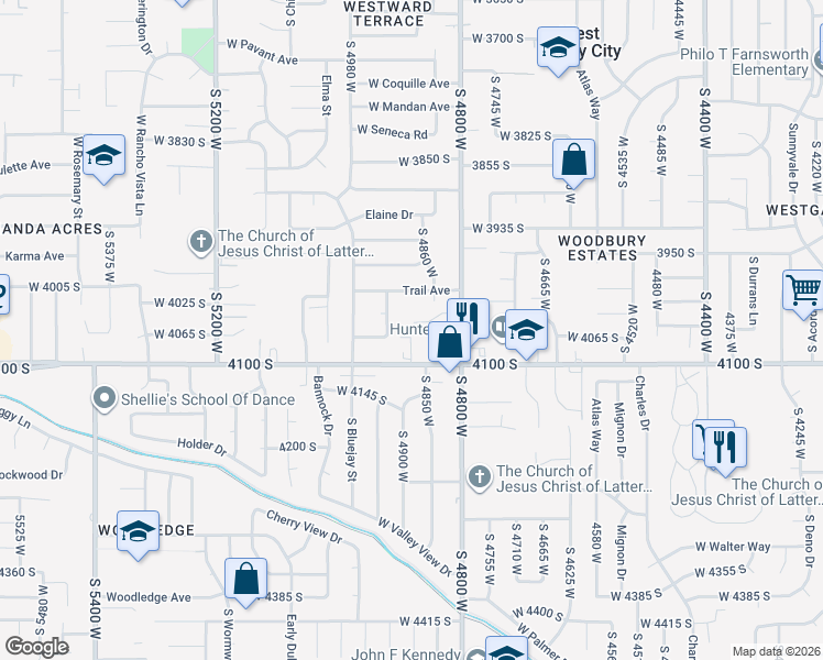map of restaurants, bars, coffee shops, grocery stores, and more near 4881 Cottage Brook Circle in West Valley City