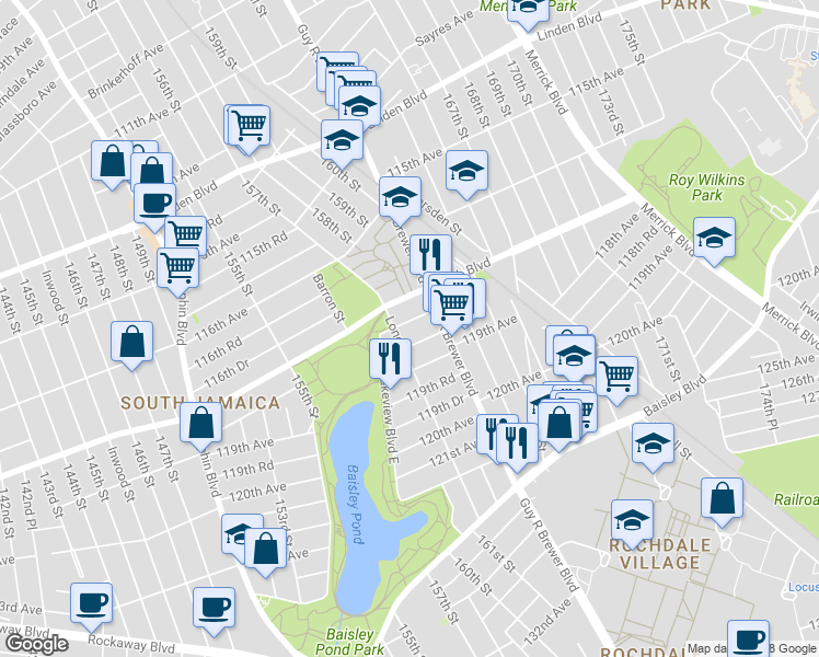 map of restaurants, bars, coffee shops, grocery stores, and more near 161-14 118th Avenue in Queens