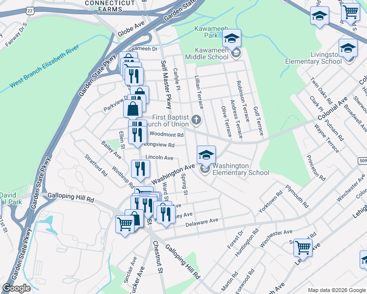 map of restaurants, bars, coffee shops, grocery stores, and more near 486 Whitewood Road in Union
