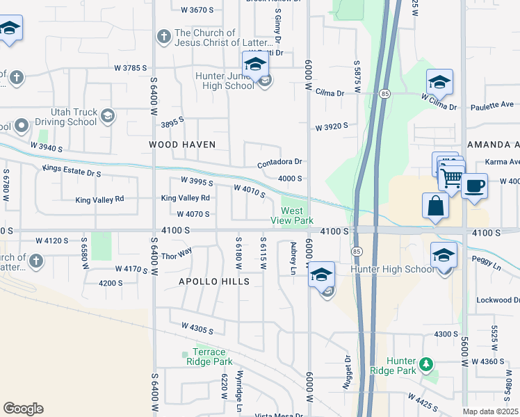 map of restaurants, bars, coffee shops, grocery stores, and more near 4053 Powder Ridge Drive in West Valley City