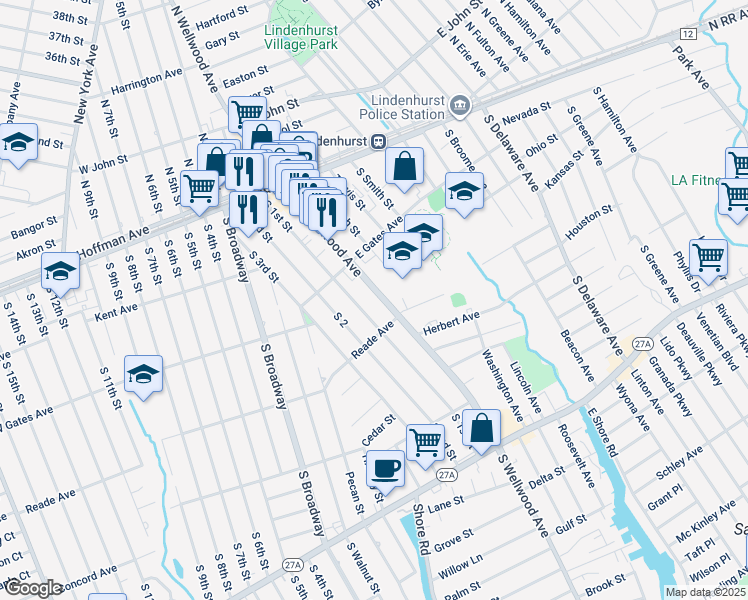 map of restaurants, bars, coffee shops, grocery stores, and more near 353 South Wellwood Avenue in Lindenhurst