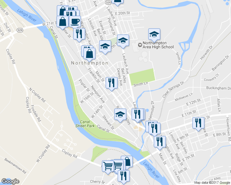 map of restaurants, bars, coffee shops, grocery stores, and more near 1421 Main Street in Northampton