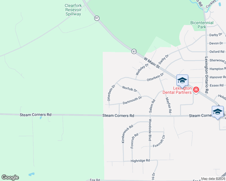 map of restaurants, bars, coffee shops, grocery stores, and more near 72 Otterbein Drive in Mansfield
