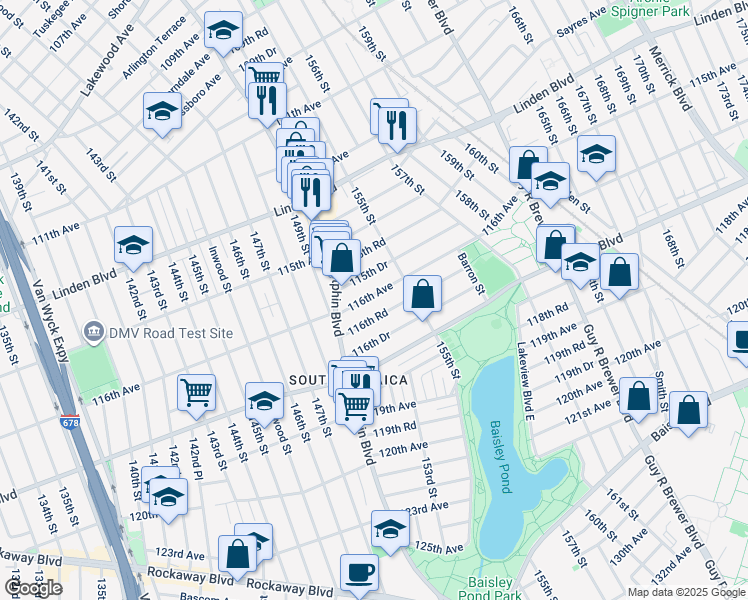 map of restaurants, bars, coffee shops, grocery stores, and more near 150-48 116th Avenue in Queens