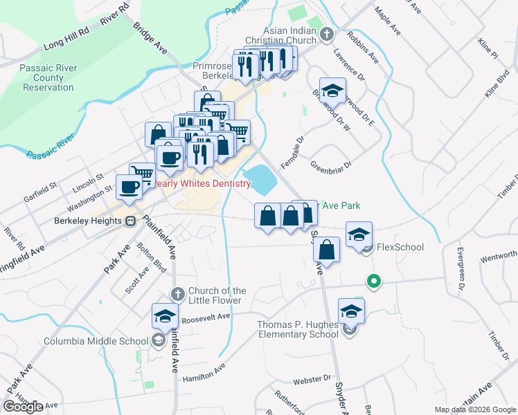 map of restaurants, bars, coffee shops, grocery stores, and more near Lone Pine Drive in Berkeley Heights