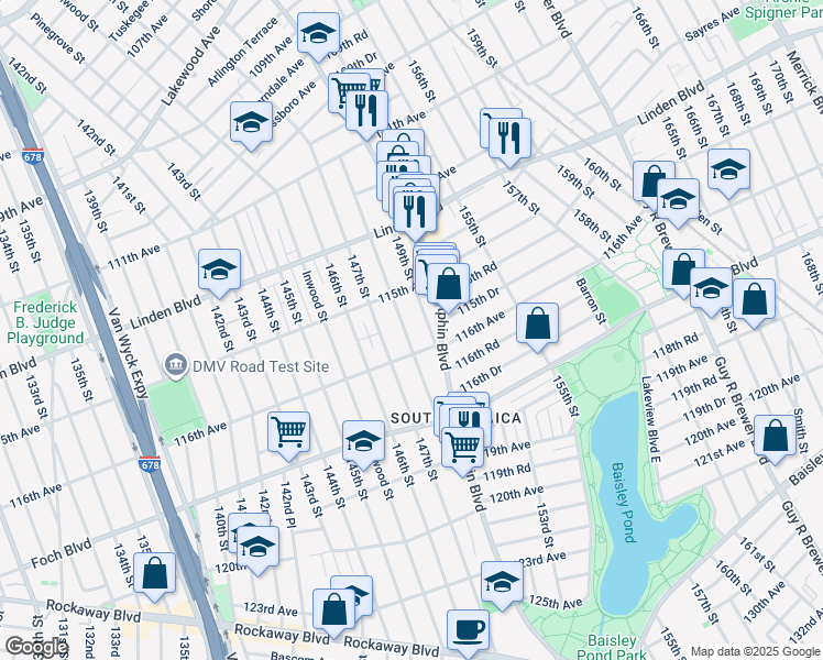 map of restaurants, bars, coffee shops, grocery stores, and more near 115-39 148th Street in Queens