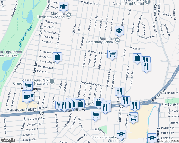 map of restaurants, bars, coffee shops, grocery stores, and more near 94 Grand Boulevard in Massapequa Park