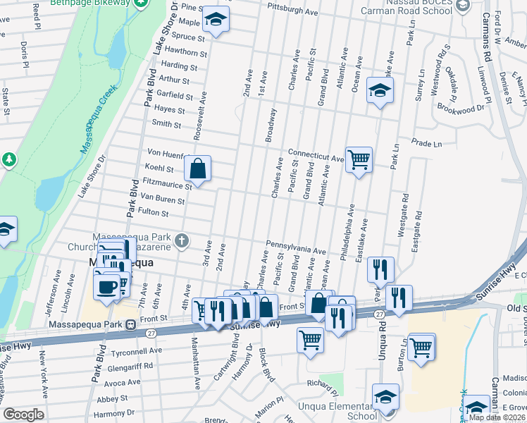 map of restaurants, bars, coffee shops, grocery stores, and more near 93 Charles Avenue in Massapequa Park