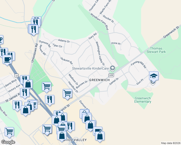 map of restaurants, bars, coffee shops, grocery stores, and more near 1301 Brian Circle in Stewartsville